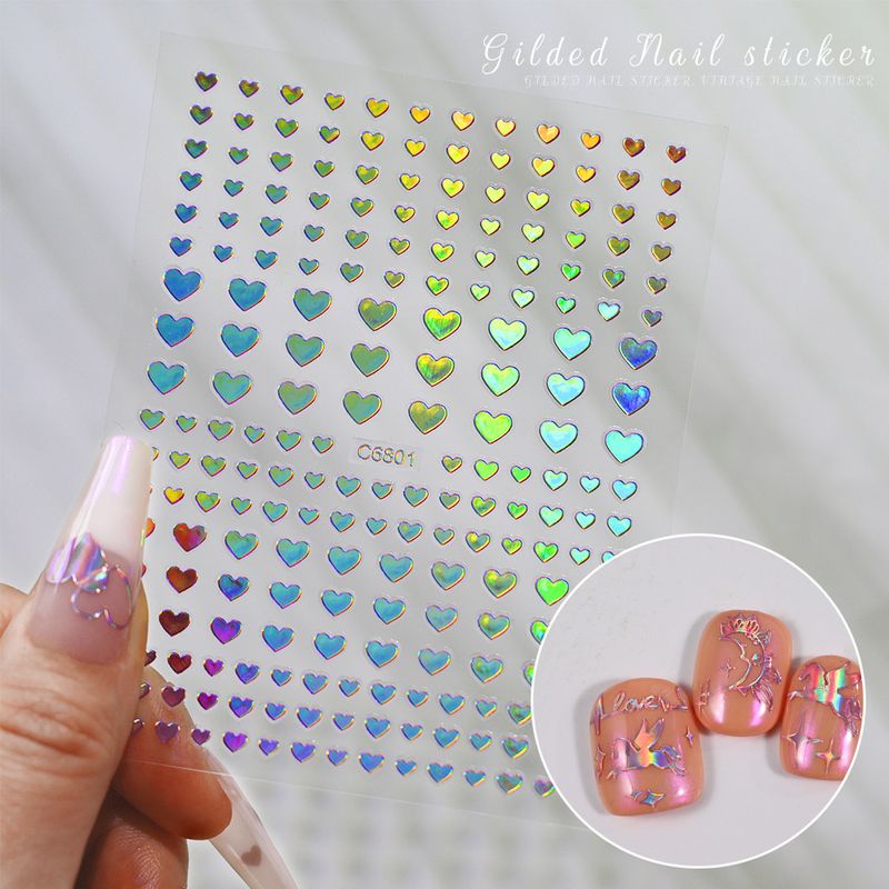 INS Holographic Heart Nail Decals - Colorful Aurora Solid Heart | Adhesive Self-Stick Nail Art For Women_voghion.com