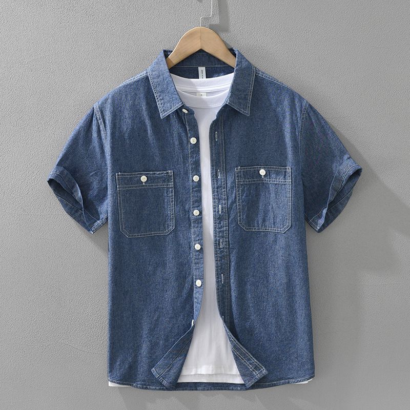 Retro Denim Short Sleeved Shirt For Men, Fashionable And Versatile, Artistic And Casual Loose Top_voghion.com