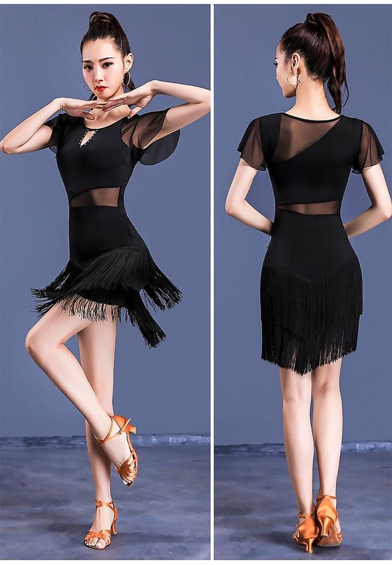 DesignerDanskläder Stor storlek Sexig latindansdräkt Transparent linjedansdräkt Kvinnlig Rumba Tofsklänning Sambaövningskostymboll_voghion.com