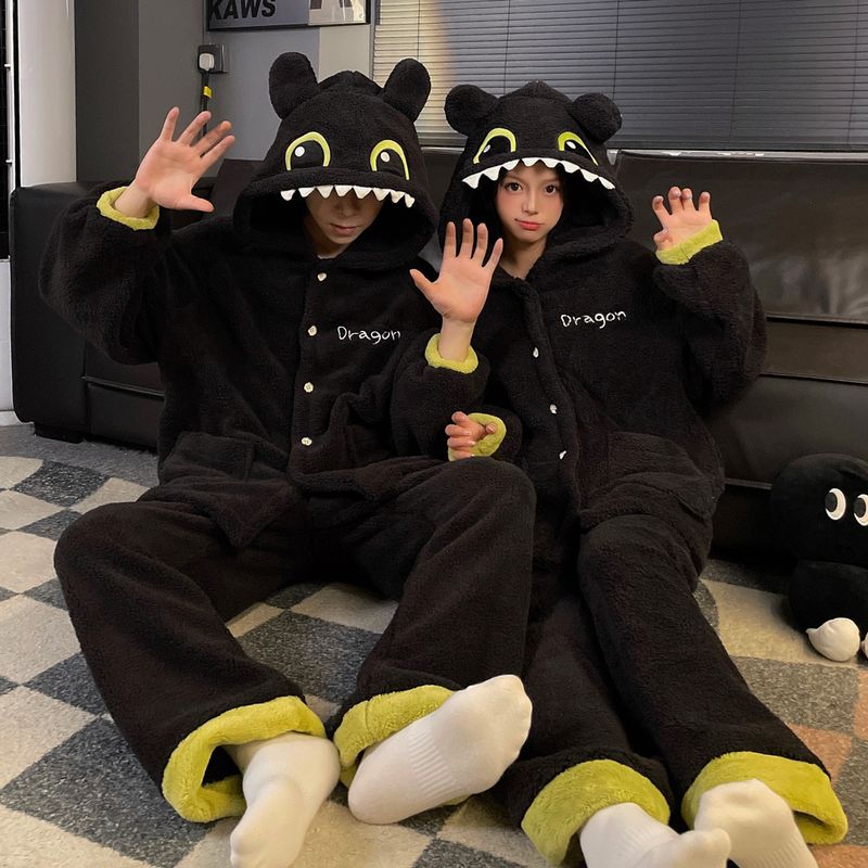 Toothless Couple Little Monster Long Winter Pajamas Cute Cartoon Plus Plush Thick Home Clothes Women's Set_voghion.com