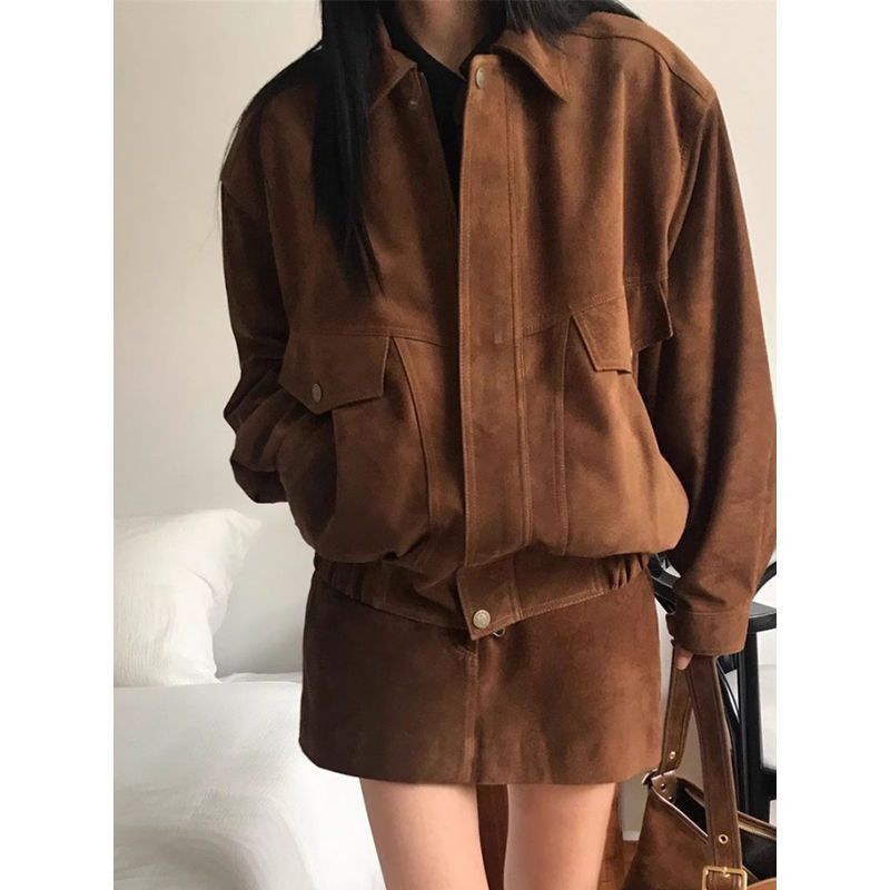 Ensemble deux pièces style coréen pour femme, veste ample + mini-jupe, fermeture éclair, manches longues, col rabattu, printemps-automne_voghion.com