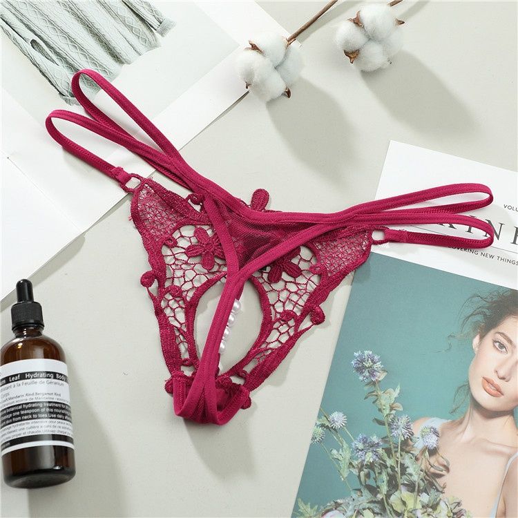 luckyqqyp Women's Sexy Hollow Pearl Thong Lace Embroidered Panties T-Pants 1861_voghion.com