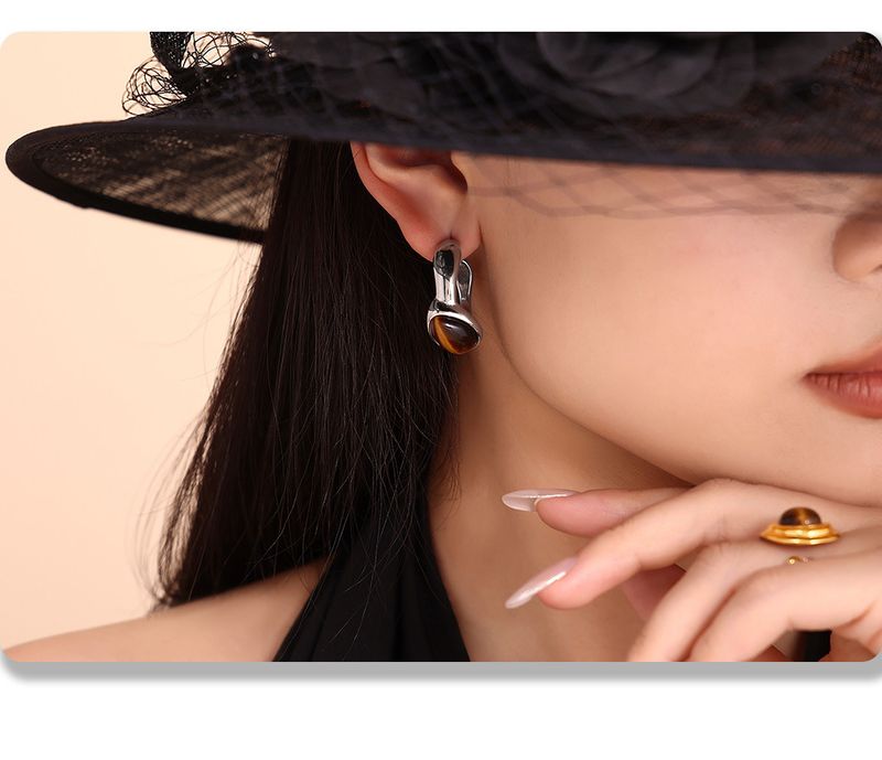 Vintage natural tiger's eye stone C-shaped earrings open ring women's set_voghion.com