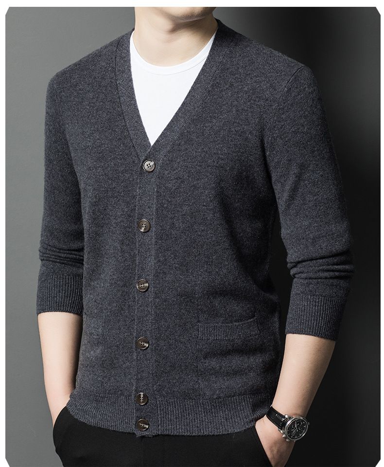 Herbst-Winter-Pullover aus reiner Wolle mit V-Ausschnitt und einfarbigem Farbverlauf für Männer mittleren und älteren Alters, vielseitiger Strickpullover_voghion.com