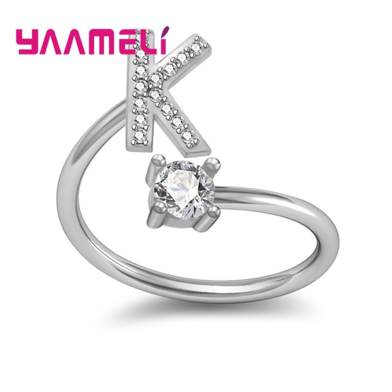 Fertiger Sterling Silber Alphabet Ring A-Z 26 Anfangsbuchstaben Name Schmuck für Frauen Geburtstag Weihnachtsgeschenk AAA Cubic Zirkon_voghion.com