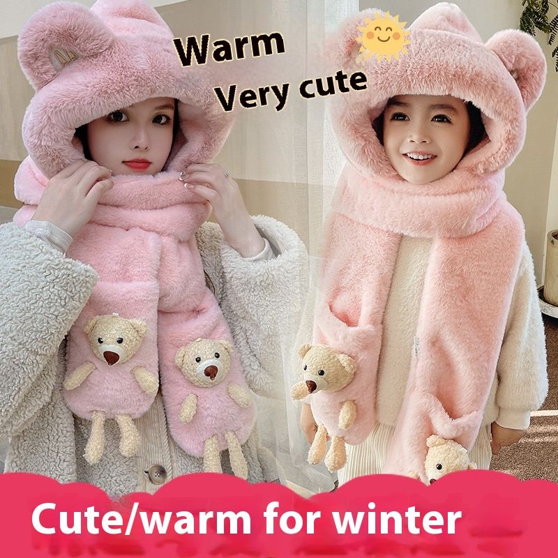 Set di 3 pezzi per bambini, con cappello caldo, guanti e sciarpa, autunno e inverno, in peluche, piccolo orso_voghion.com