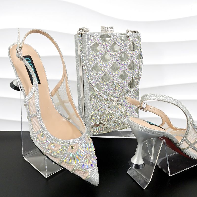Scarpe da donna con tacco alto a punta cava in rete e pochette cava a squame di pesce Set di scarpe e borse da donna sexy e alla moda_voghion.com