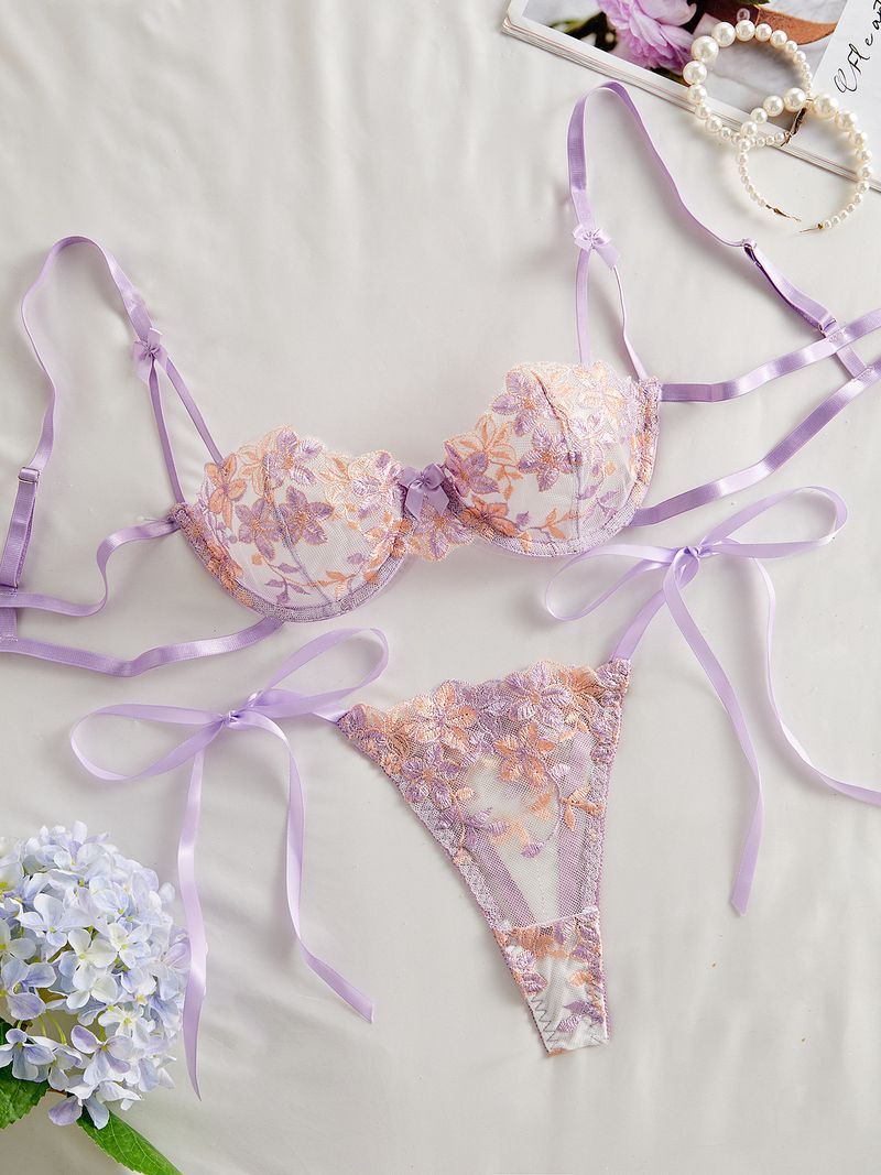 2025 Autumn New Bowknot Strap Floral Embroidery Sexy Lingerie Set For Women See-through Temptation_voghion.com