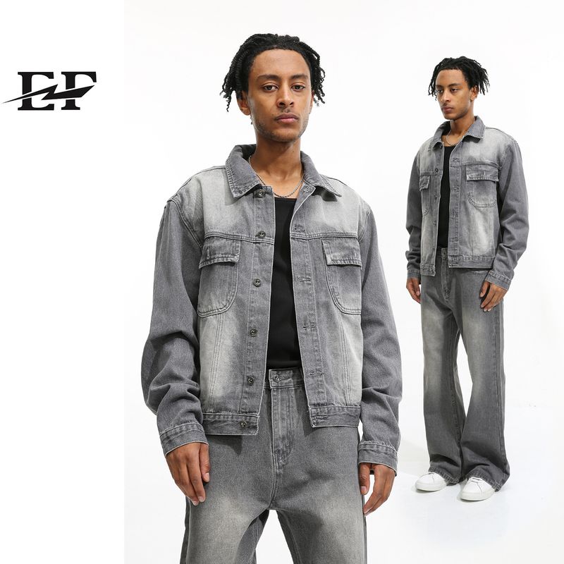 Men's Clothing EF JEANS | Style Casual Loose Mid High Waist Flared Denim Jacket Jacket Set Gray_voghion.com