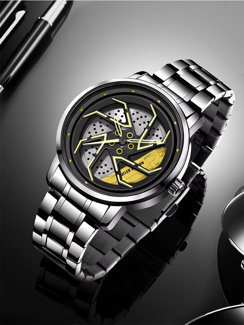 Steel Band Personality Cool Men's Quartz Watch Trend Fashion Rotating Car Outline Watch Box_voghion.com