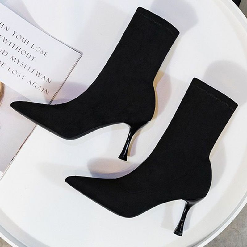 Fashion Women High Heels 2023 Autumn Winter New Pointed Toe Stiletto Slim Suede Stretch Sock Boots_voghion.com