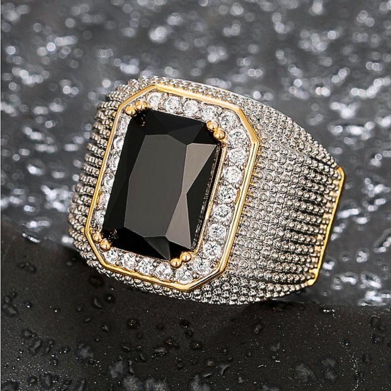 Hip-Hop Style Zirconia Inlaid Dominant Square Luxury Men's Ring Blue Plated Color-Shifting Electroplated_voghion.com