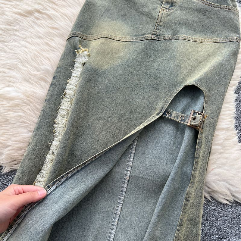 Women's Clothing Retro Washed Distressed Halter Neck Sleeveless Lapel Raw Edge Denim Top Slit Slim Skirt Two Piece Set_voghion.com