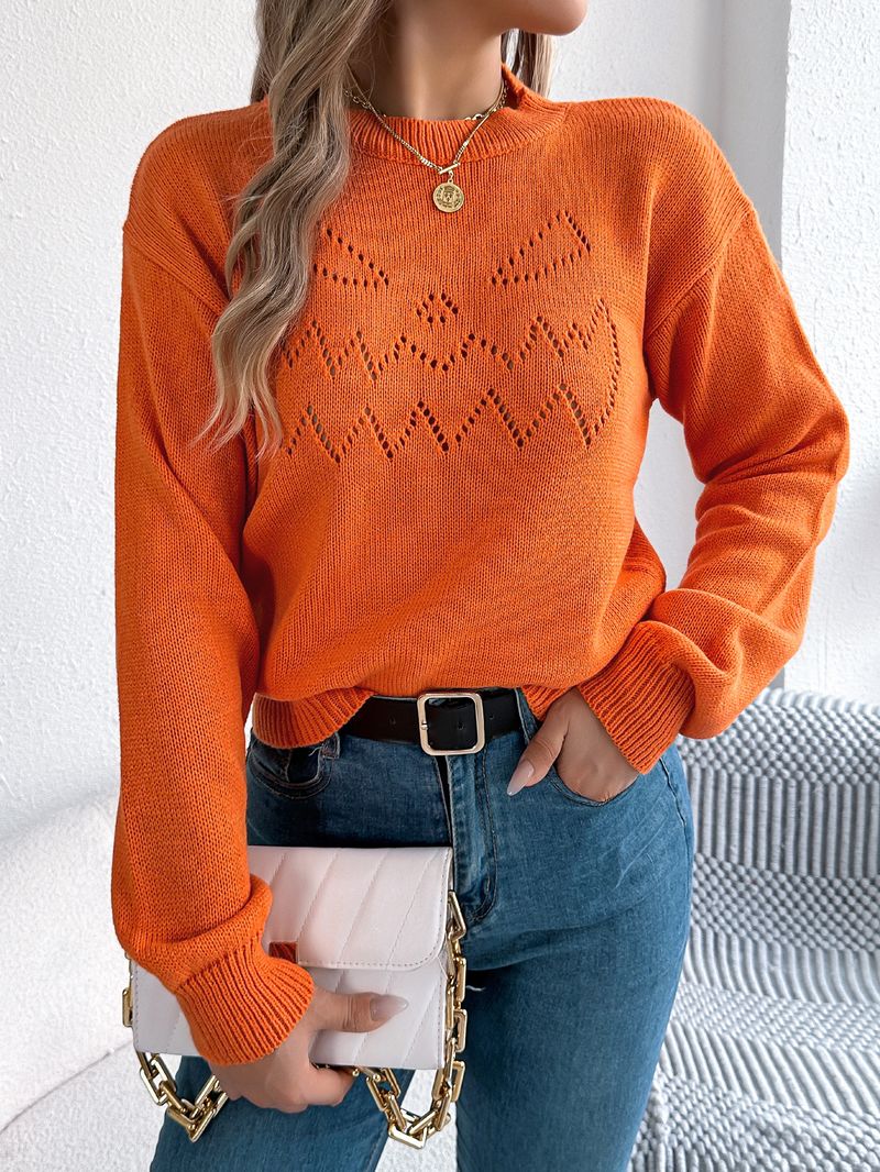 2025 Solid Color Hollow Lantern Long Sleeve Pullover Sweater Halloween Women's Clothing_voghion.com