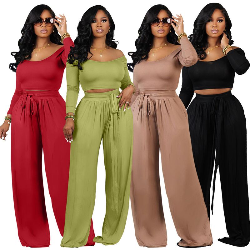M3025 Women's Solid Color Lace-Up Wide-Leg Two-Piece Set_voghion.com
