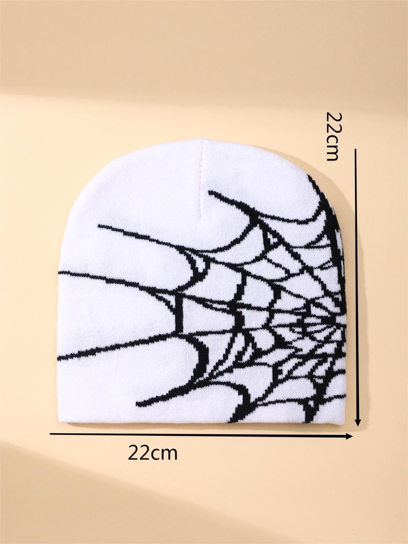 Gestrickte Beanie-Mütze mit Spinnennetz-Jacquard-Muster, warme, mit Fleece gefütterte Totenkopfmütze für den Winter, trendiges Unisex-Accessoire für kaltes Wetter, Windkühlmütze_voghion.com