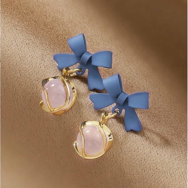 S Klein Blauer Katzenaugenstein Silbernadel High-End-Feeling Damen-Ohrstecker Bowknot-Ohrclip-Stil Kein Piercing_voghion.com