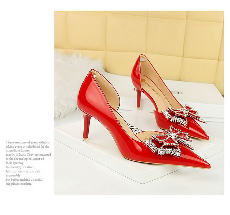 638-AH17 Scarpe da banchetto alla moda da donna con tacchi alti e sottili, bocca bassa, punta affilata, pelle laccata, papillon color acqua._voghion.com