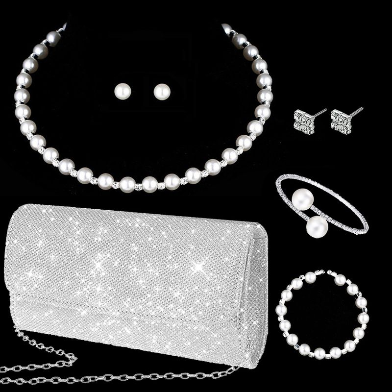 Női Estélyi Táskák Kézitáskák Butik Csillogó Ezüst Keresztpántos Táska Gyöngy Gyémánt Szett Hatrészes_voghion.com