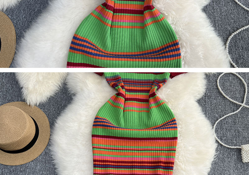 Abito estivo da donna a maniche corte in stile signorile a maniche corte con scollo rotondo a righe arcobaleno che dimagrisce il vestito che copre i fianchi lavorato a maglia di media lunghezza_voghion.com