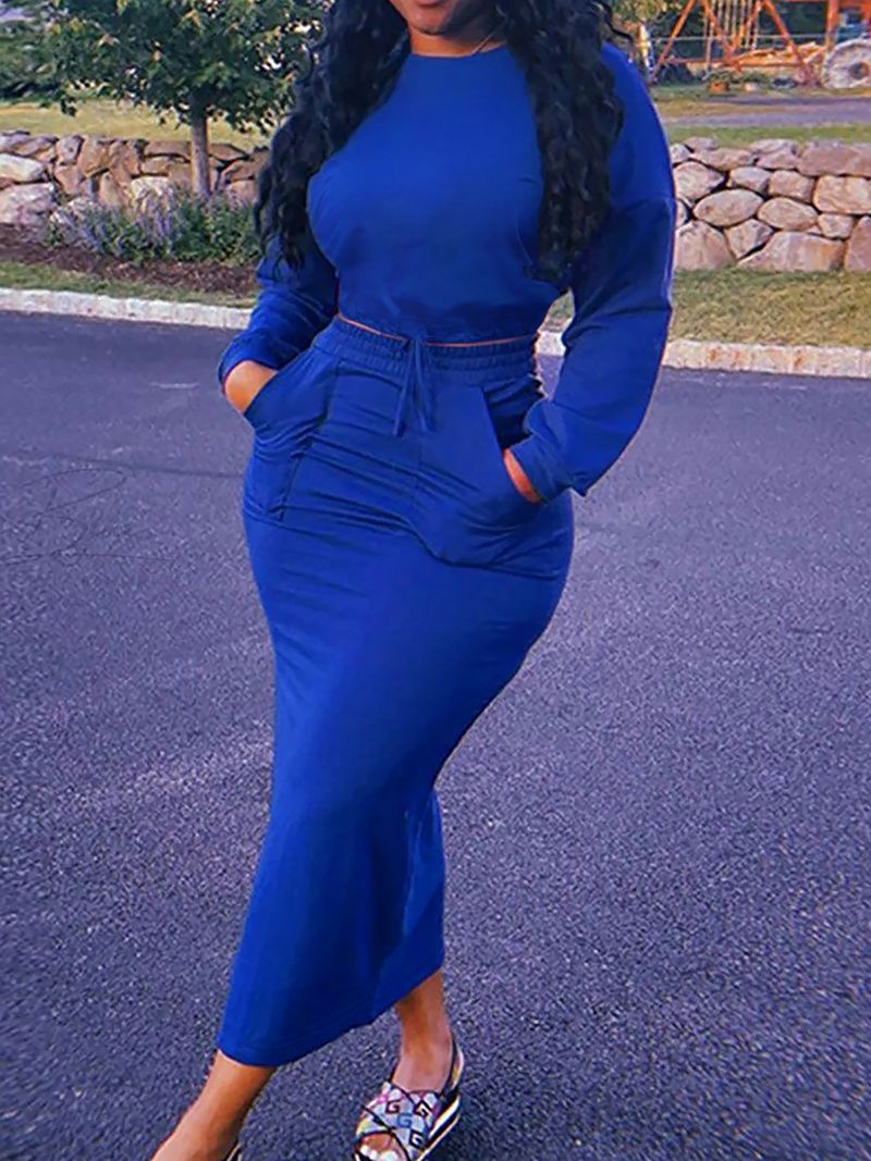 Grande taille mode décontracté nouvelle couleur unie jupe longue deux pièces_voghion.com