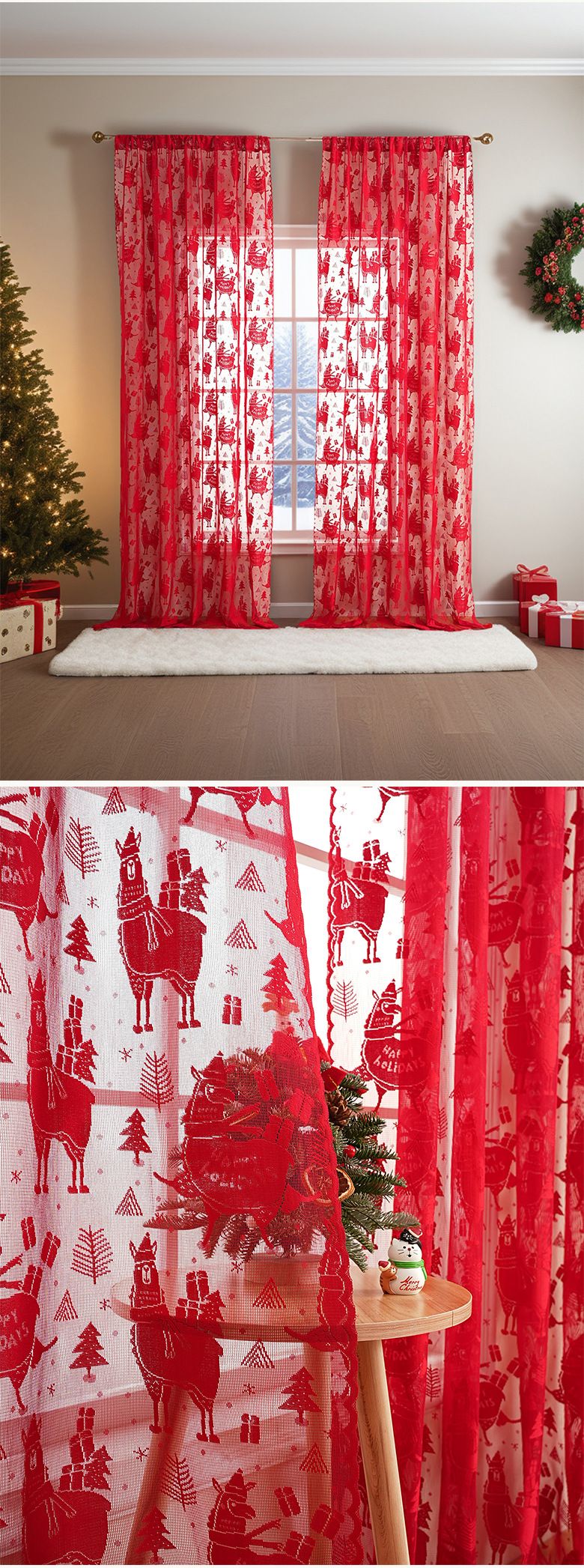 Noel Alpaka Şeffaf Perdeleri - Oturma Odası, Yatak Odası İçin Kırmızı ve Yeşil İşlemeli Polyester (140 cm Genişlik, 4 Uzunluk, Işık Filtreleme)_voghion.com