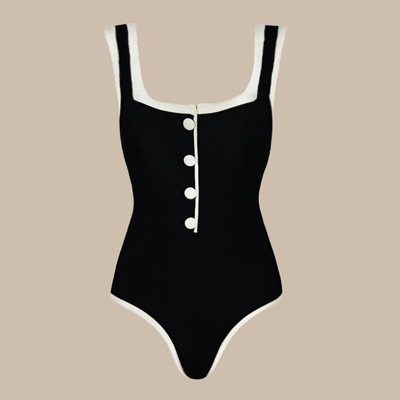 Maillot de bain une pièce noir et blanc pour femme, style simple et haut de gamme, avec petit parfum et boutons décoratifs_voghion.com