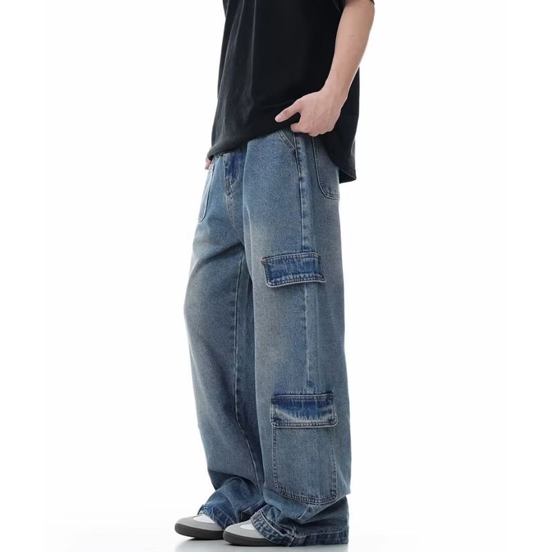 Pantaloni casual a gamba larga da strada, jeans cargo blu dritti lavati multitasche americani_voghion.com