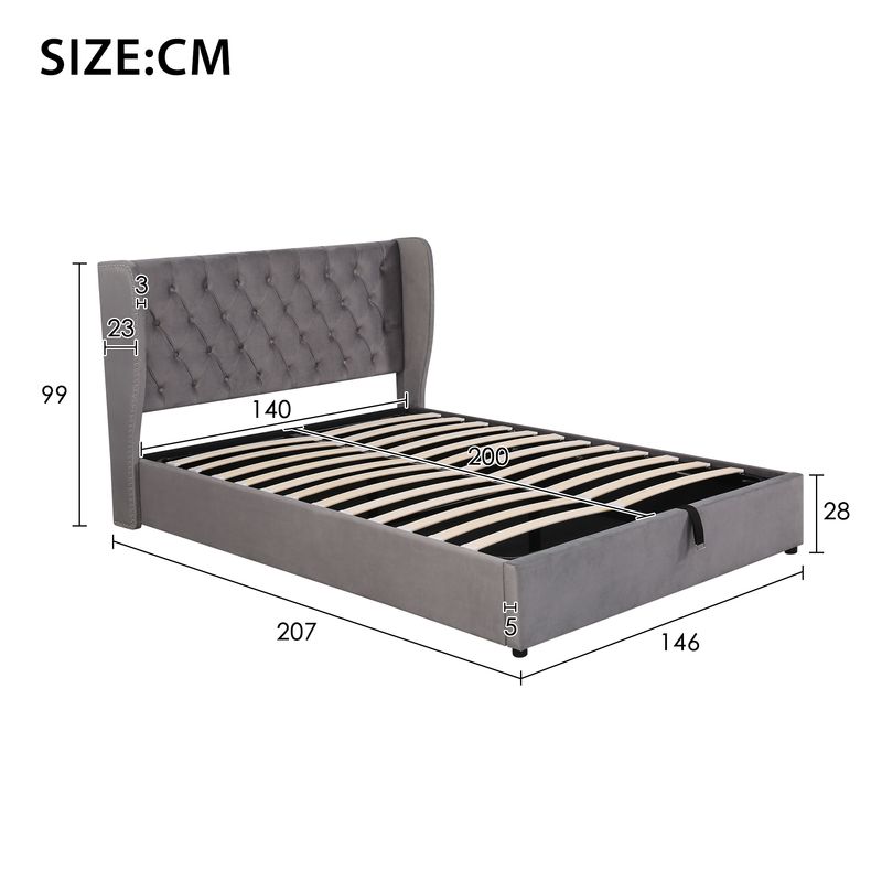 Lit double 140 x 200 cm, matelas coffre hydraulique en velours capitonné à gros boutons, sommier à lattes, sommier non tissé noir anti-poussière, gris_voghion.com
