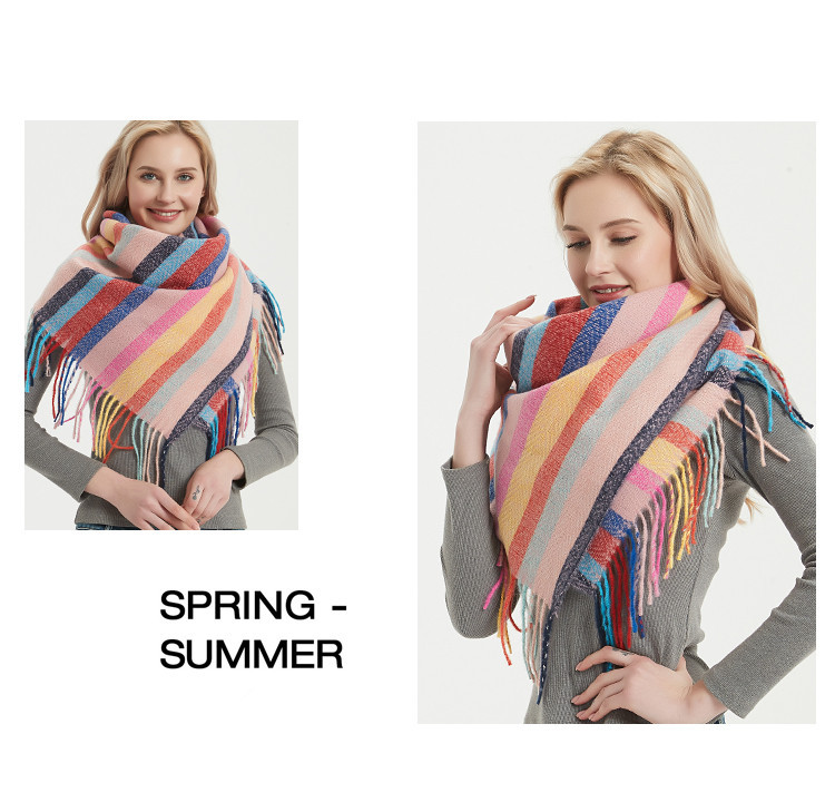 2022 New Loop Yarn Striped Plaid Polyester Long Tassel Wool Square Scarf Women's Shawl_voghion.com