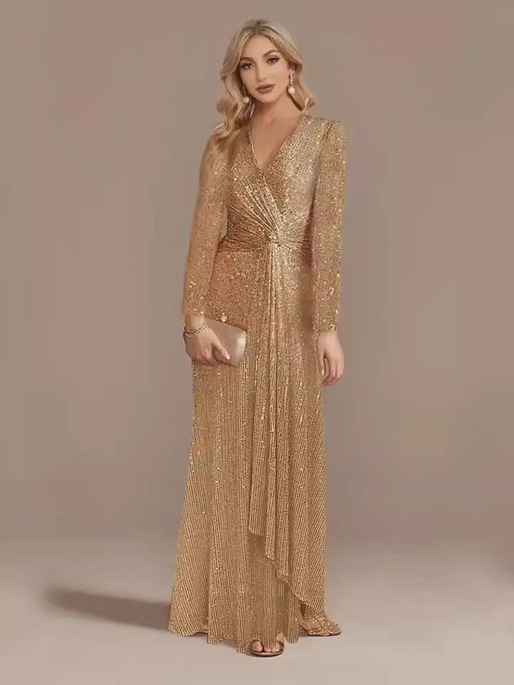Elegant Sequin Evening Gown – V-Neck Long Sleeve Party Dress For Women, Formal Prom & Gala (S-Xxl, Multiple Colors)_voghion.com