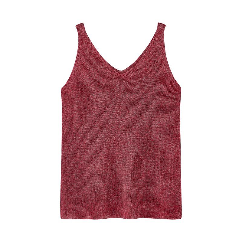 Colete feminino com alças para primavera e verão, combinado com uma camiseta brilhante e uma blusa justa e sexy de malha de seda gelada com decote em V para o verão_voghion.com