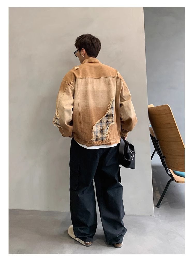 Vintage Distressed Denim Jacket With Gradient Color & Collar Design, Loose Fit Casual Coat For Men & Women_voghion.com