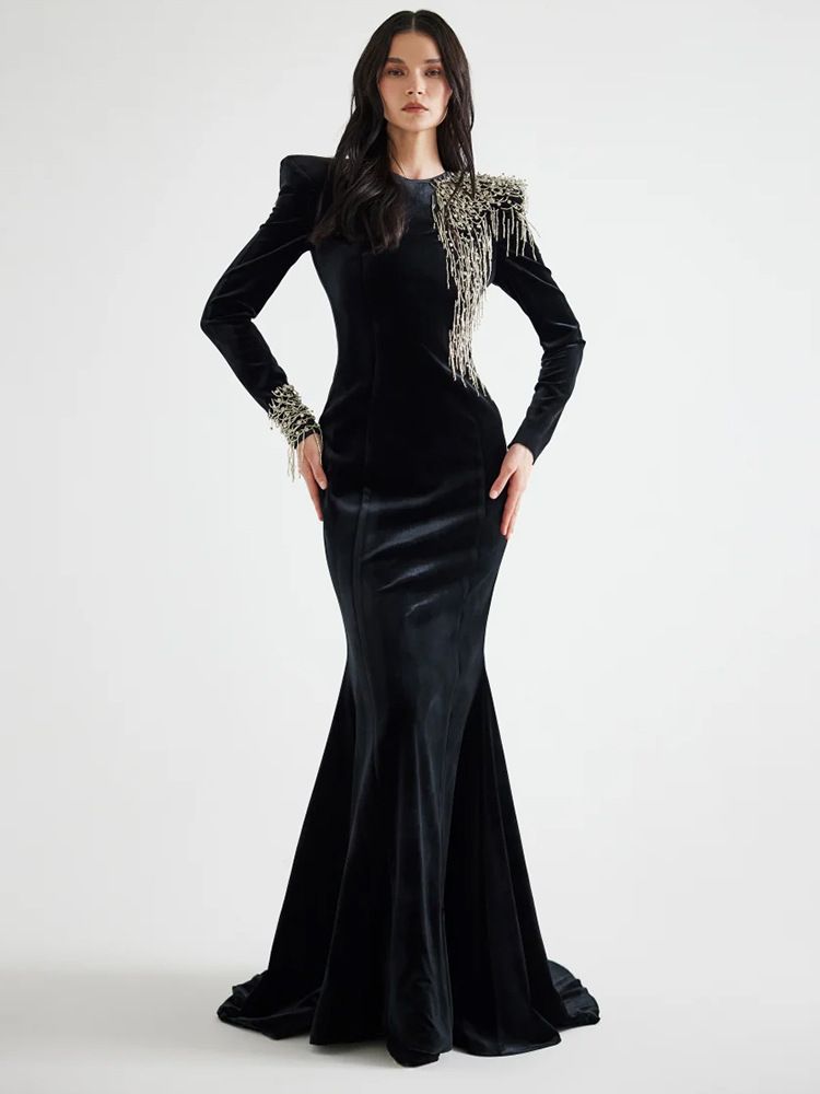 Hochwertiges Abendkleid aus Sternenserie mit Perlen besetztem Acetat-Samt und kleiner Schleppe für Damen_voghion.com