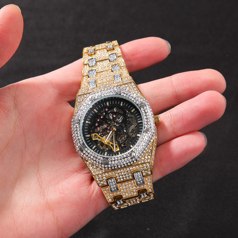 HypeMech Men's Skeleton Watch - Full Diamond Bezel With See-Through Case Back_voghion.com