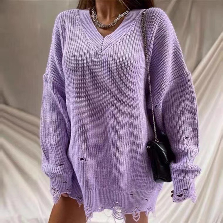 Pull ample à manches longues et col en V pour femme, couleur unie, déchiré, mi-long, épais, aiguille_voghion.com