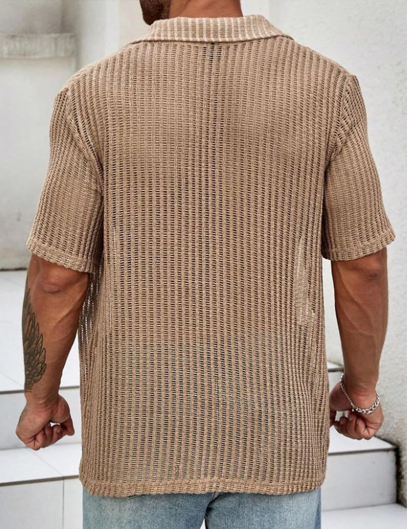 Vêtements d'été pour hommes, chemise décontractée en tricot, ajouré, respirant, manches courtes, revers, vêtements à la mode pour hommes_voghion.com