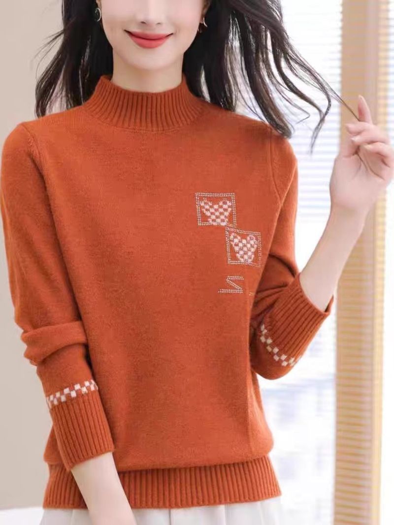 【Cashmir Family】 Halvhög hals, kort yllebas för medelålders kvinnor och mödrar, löst stickad tröja i innerlager_voghion.com