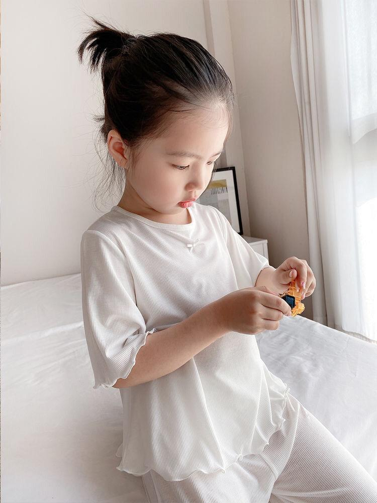 Ropa de bebé Conjunto de pijama de seda de hielo para niñas Ropa de hogar modal fina para niños Ropa de aire acondicionado de verano para niños de tamaño mediano_voghion.com