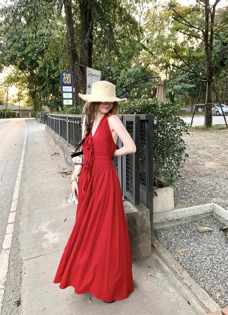 Dammekleeder liicht prall Retro Halter Neck Sexy Kleed Summer Lazy Style Design Wandern Rees Vakanz Knöchel Laang Rock_voghion.com