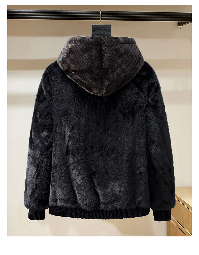 Cappotto in visone sintetico premium da uomo - Giacca invernale con cappuccio, pelliccia di montone color oro e design color-block_voghion.com