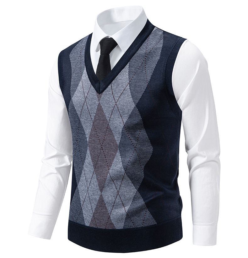 Herrenbekleidung, V-Ausschnitt, Jacquard, Slim Fit, V-Ausschnitt, Jacquard-Strickpullover für Herren – leichtes, ärmelloses Pullover-Oberteil (Grau, Marineblau, Weinrot)_voghion.com