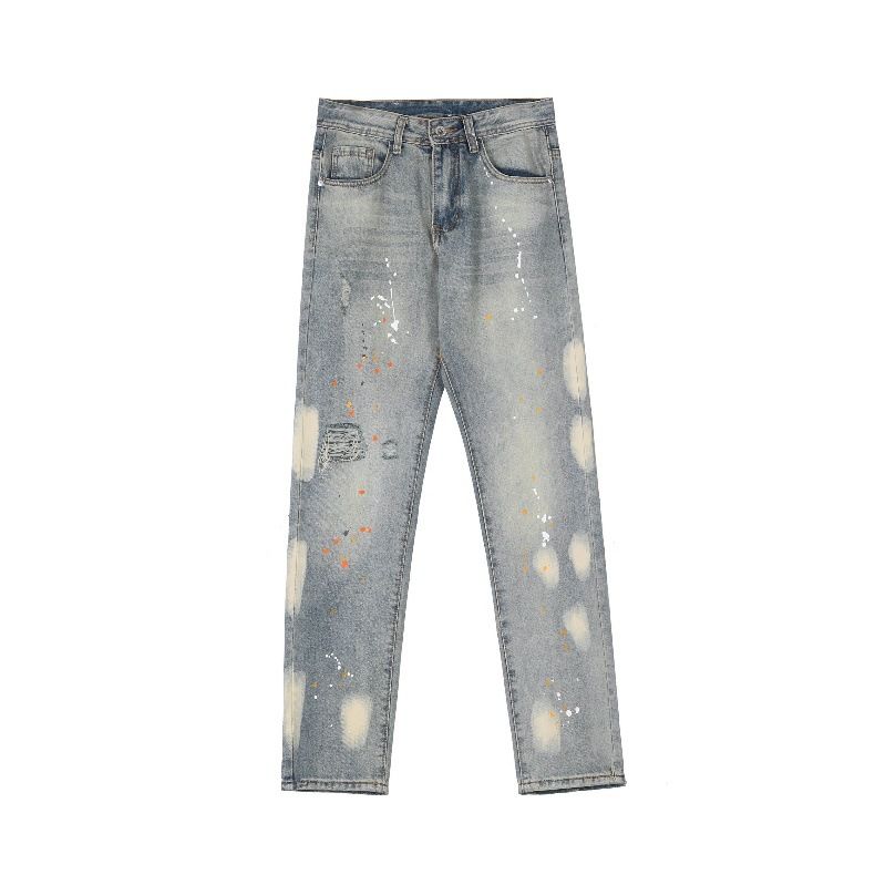 Vêtements pour hommes, jeans droits déchirés à l'encre ancienne délavés, style hip hop rétro original pour hommes_voghion.com
