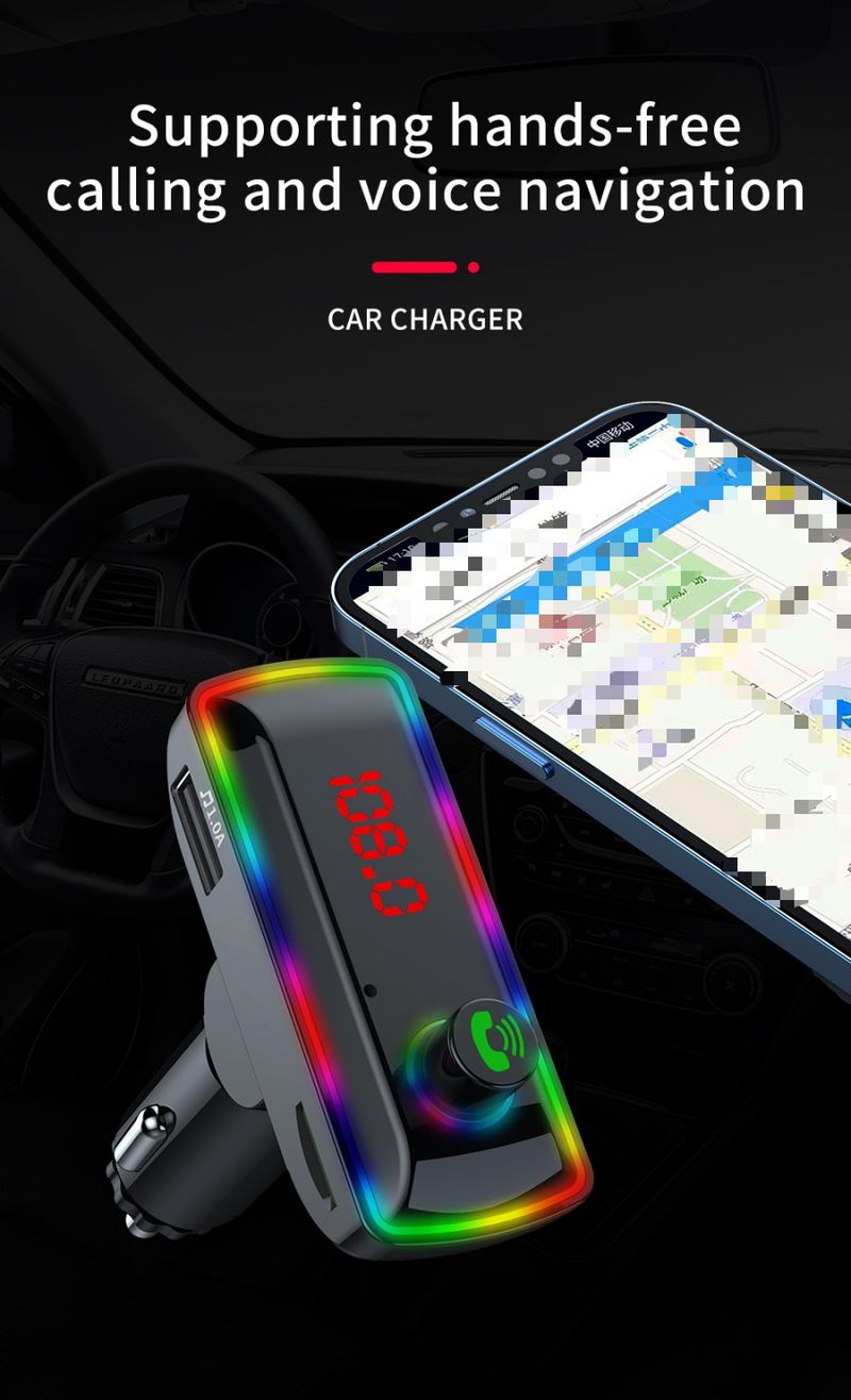 Nabíječka do auta Nabíječka mobilního telefonu Bluetooth handsfree volání Hlasová navigace USB port s funkcí nabíjení 3,1 A Barevné ambientní osvětlení FM vysílač_voghion.com