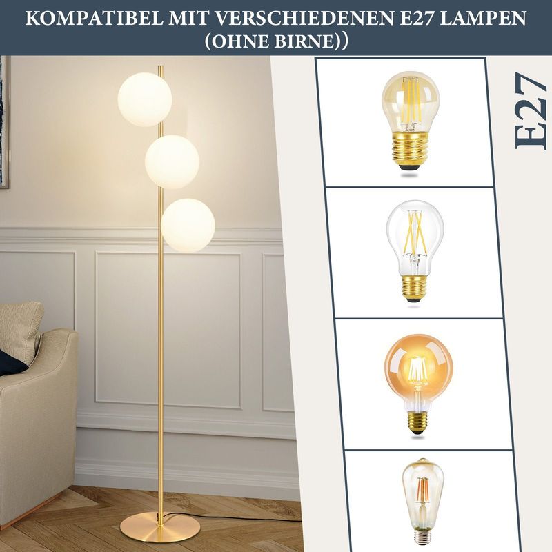 Glitzerlife Stehlampe Gold Modern Stehleuchte - 3 Flammige E27 Design Standleuchte Mit Fußschalter Metall Aus Glaskugel Bodenlampe Für Schlafzimmer Büro Hotel_voghion.com
