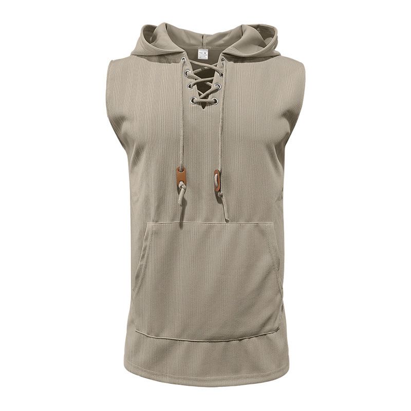 Camiseta sin mangas nueva para hombre, de moda, de sección delgada, informal, con capucha, de color sólido, con lazo, camiseta interior_voghion.com