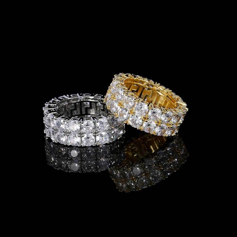 Men And Women's Jewelry Hip Hop Style Double Row Zircon Ring Geometric Design High-Quality Gold Tone Brass Statement Ring For Trendy Outfits_voghion.com