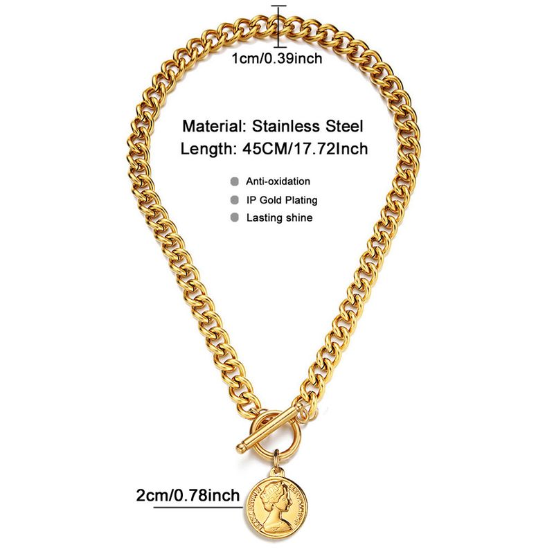 Catena spessa in acciaio inossidabile Collana con ciondolo a forma di testa di bellezza retrò, fibbia OT, collana corta con clavicola_voghion.com