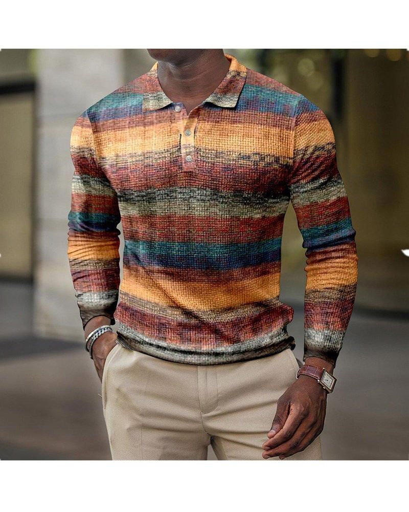 Herrenbekleidung 3D-gedrucktes Revers Langarm Button-Down-Poloshirt Herren Langarm T-Shirt Herren_voghion.com