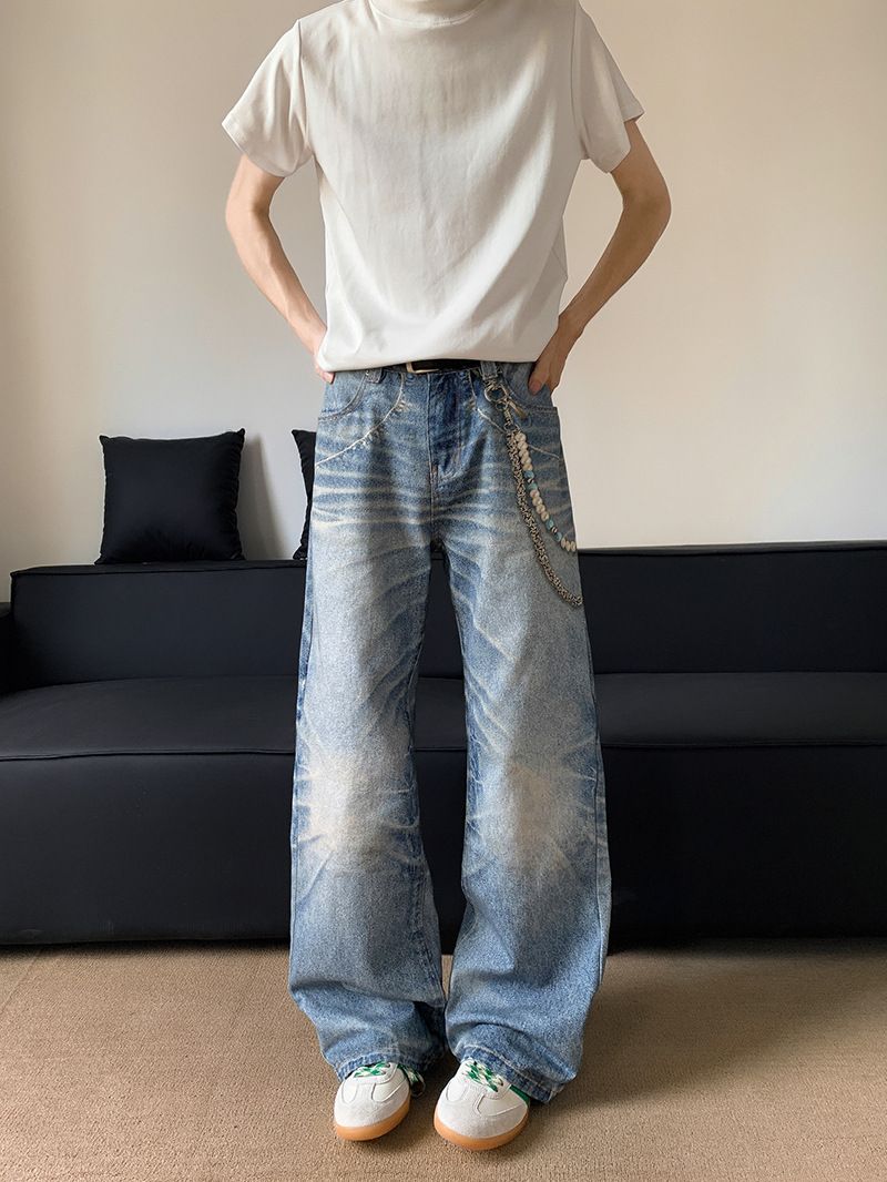 Erkek Giyim Retro Sokak Punk Zincir Baskılı Kot Pantolon - Erkekler ve Kadınlar İçin Büyük Boy Bol Pantolon, Yıkanmış Efektli Vintage Eskitilmiş Kot_voghion.com